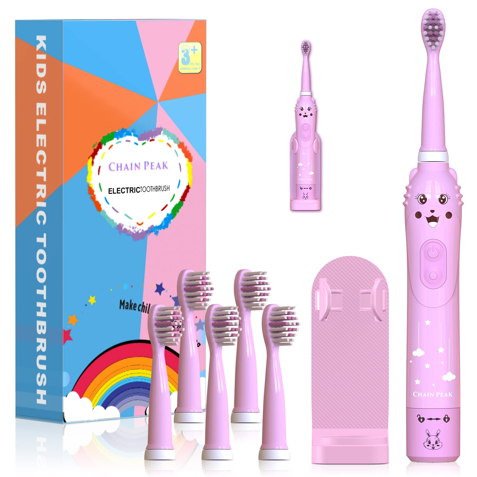 Kids Sonic Electric Toothbrush, Rechargeable Toothbrush for Children, Toothbrush for Toddlers Boys Girls Age 3-12 with 30s Reminder, 2 Mins Timer, 6 Modes, 6 Brush Heads, Wall-Mounted Holder