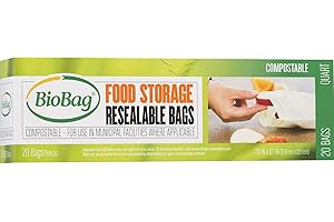 BioBag 100% Certified Compostable Resealable Food Storage Bags, 20 Count, Quart, Perfect for Refrigerator