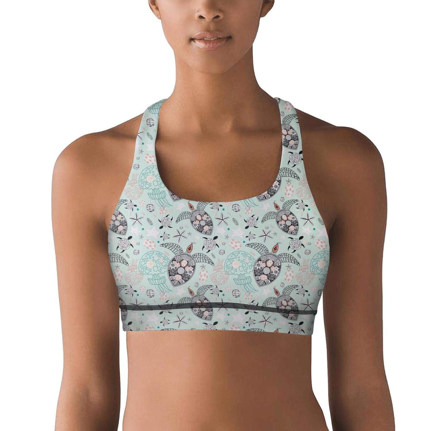 Floral Sea Turtle Light Green Women Printed Racerback Sports Bras Compression Running Yoga Bra
