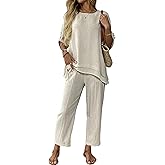 zsangbee Women's 2 Piece Linen Sets Summer Two Piece Outfits 3/4 Sleeve Tops Casual Dress Lounge Capris Pants Set