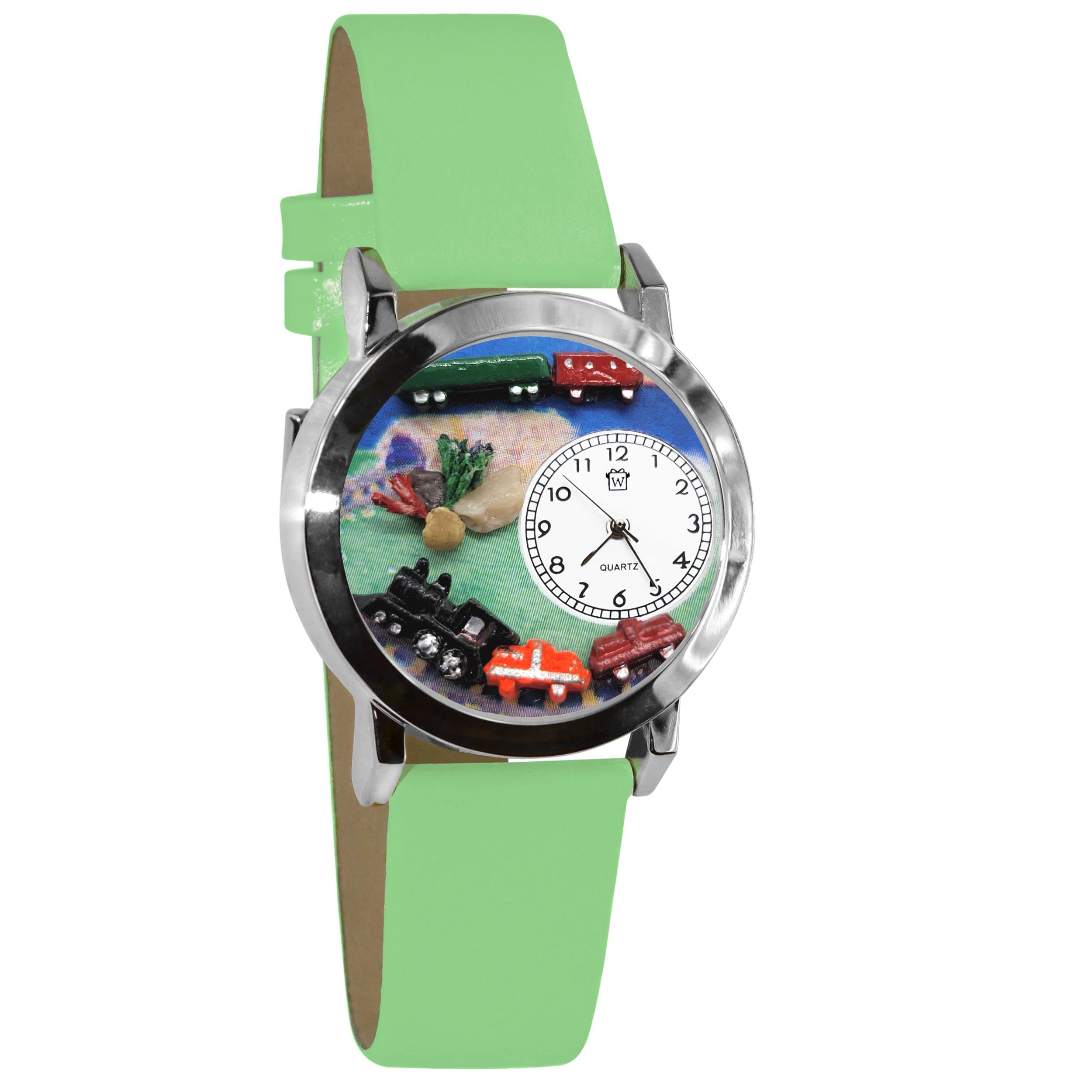 Whimsical Watches Trains Green Leather and Silvertone Unisex Quartz Watch with White Dial Analogue Display and Multicolour Leather Strap S-1610001