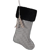 JKSVE 20 Inch Black Vertical Stripe Christmas Stocking, Personalized Gold Wooden Initial Monogram Christmas Stocking,Christmas&Halloween Holiday Party Decor(A)