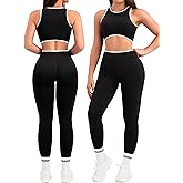 Relety Womens Workout Sets 2 Piece Seamless Crop Tank Top High Waist Leggings Contrast Trim Padded Racerback Bra Yoga Outfits