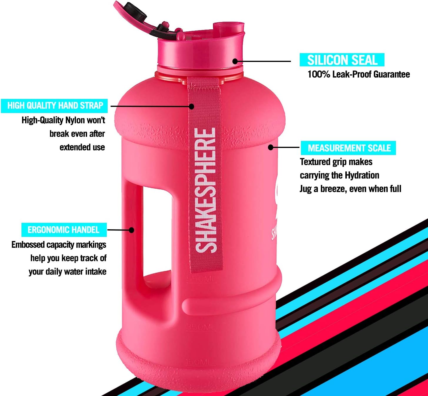 ShakeSphere Matte Pink Flip Cap 1.3L Water Bottle with white Logo (Matte Pink, 1.3), Pink,white, 1300 ml - Image 4