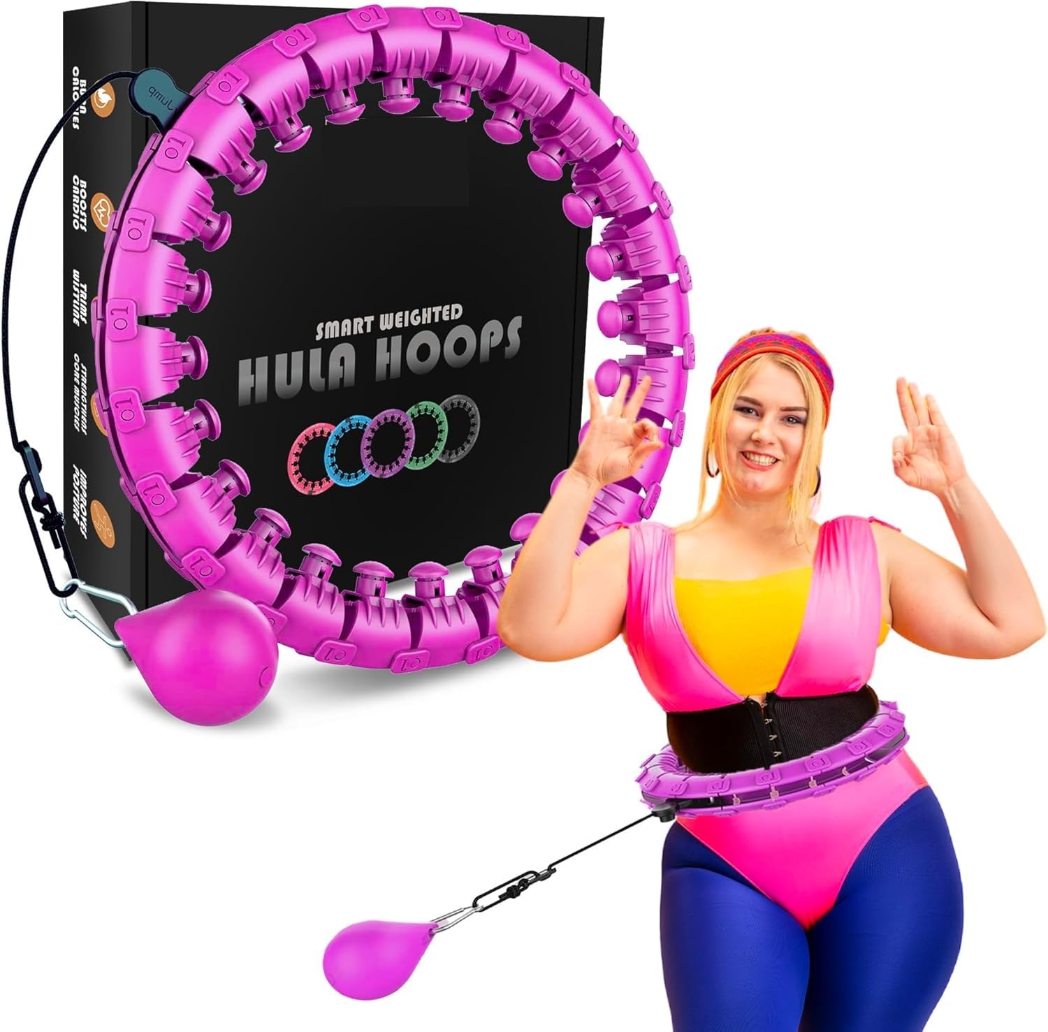 KA-MART Smart Weighted Hula Hoop for Adults, 24 Detachable Links, 360° Auto-Spinning Ball, Adjustable Waist Trainer, Fat Burning, Core Workout, Home Gym, Portable Exercise Equipment (Purple)