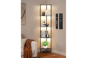 OUTONLIFE 5 Tier Corner Shelf with LED Light, Touch & Remote Control, Dimmable Narrow Corner Bookshelf with 3 Color Temperatu
