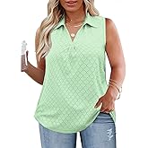 ROSRISS Womens Plus-Size-Tank-Tops Summer Sleeveless Casual Shirts Lapel V Neck Tunics Eyelet Tees