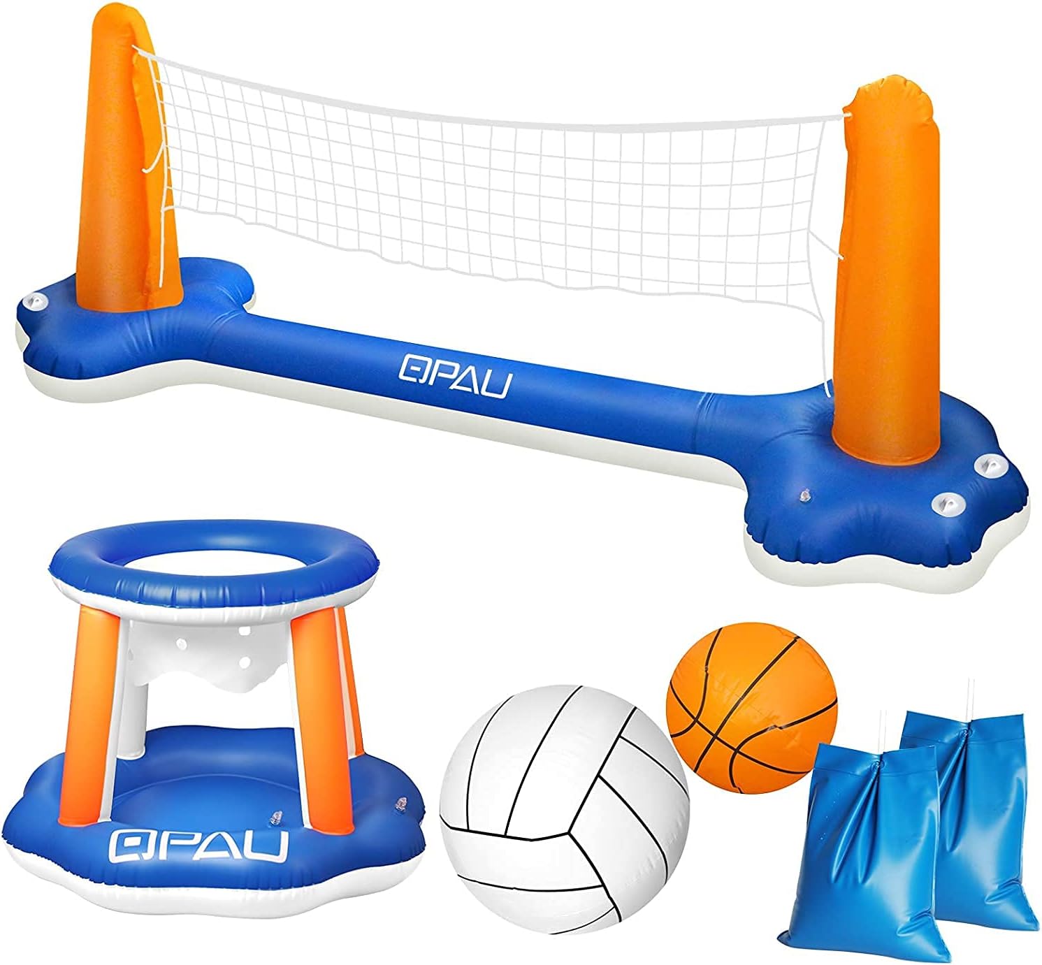 QPAU Inflatable Pool Float Set, Basketball Hoop and Volleyball Net, Swimming Game Pool Toys for Kids and Adults: Toys & Games