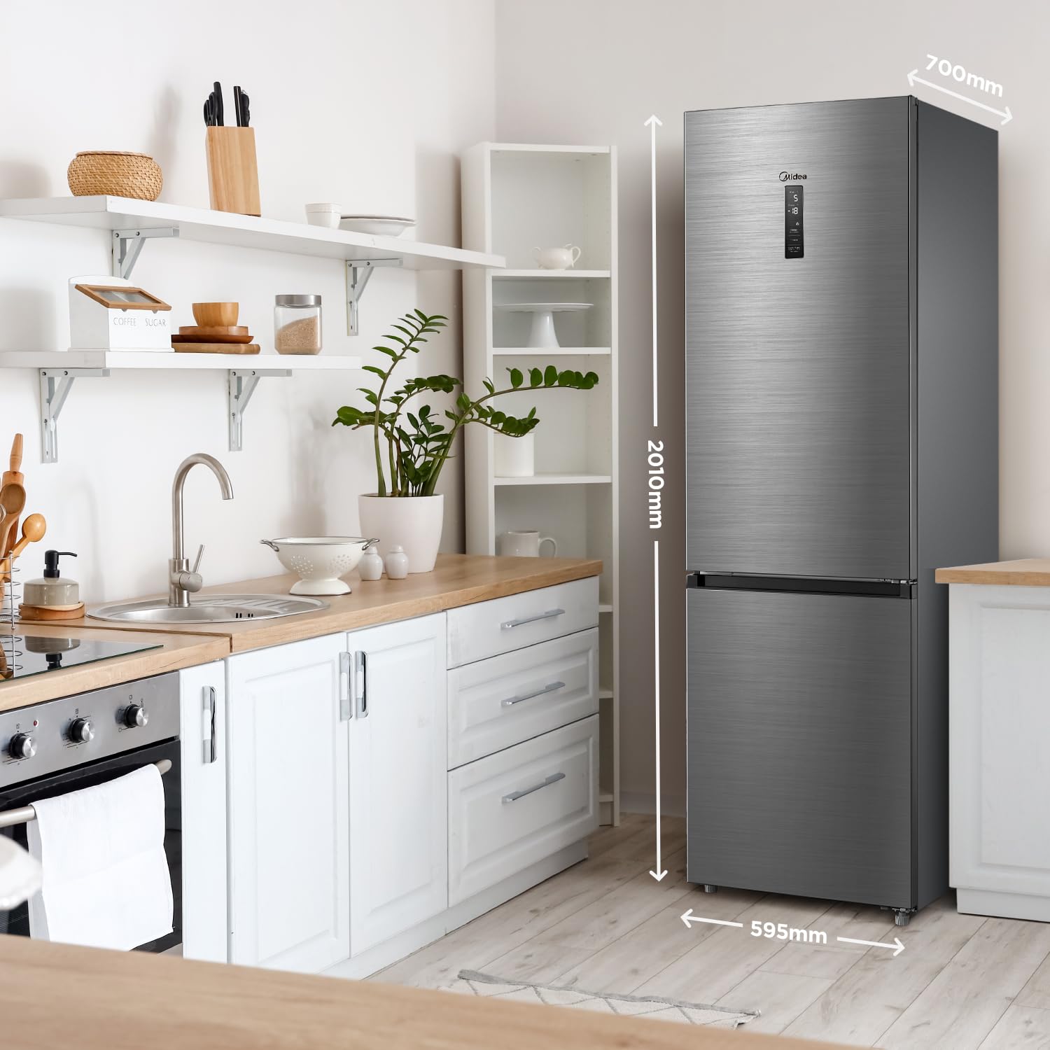 Midea MDRB521MIC46A Kühl-/Gefrierkombination/No Frost/WiFi-Steuerung/Inverter Kompressor/201 cm hoch / 59,5 cm breit /70 cm tiefe/177 kWh/Jahr/256 L Kühlteil/122 L Gefrierteil, Front Inox 9
