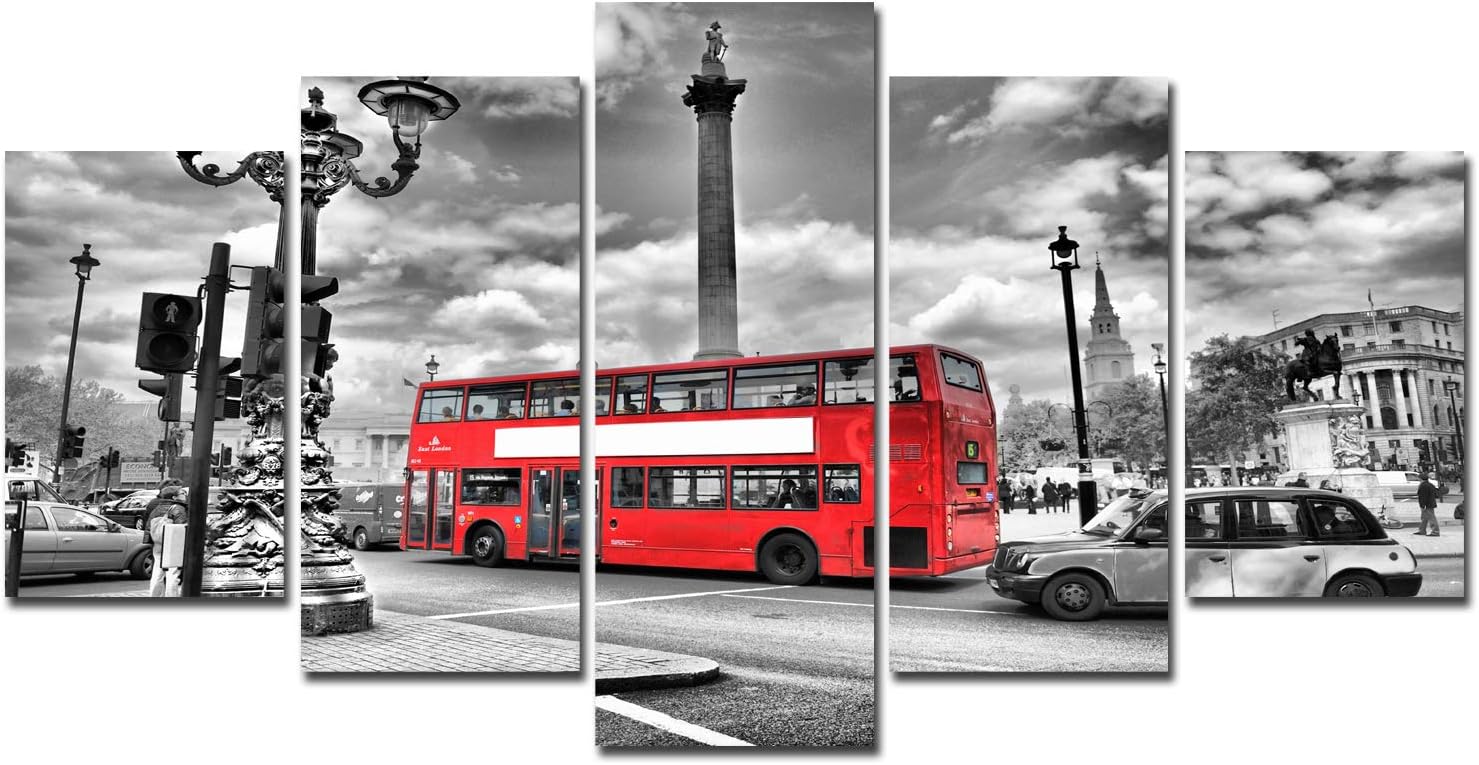 Black White Wall Art Canvas - 5 Piece Framed Picture Photo Prints Red Bus London Poster Cityscape Street Home Office Decoration Modern Artwork Kitchen Painting Living Room Bedroom Decor Ready to Hang