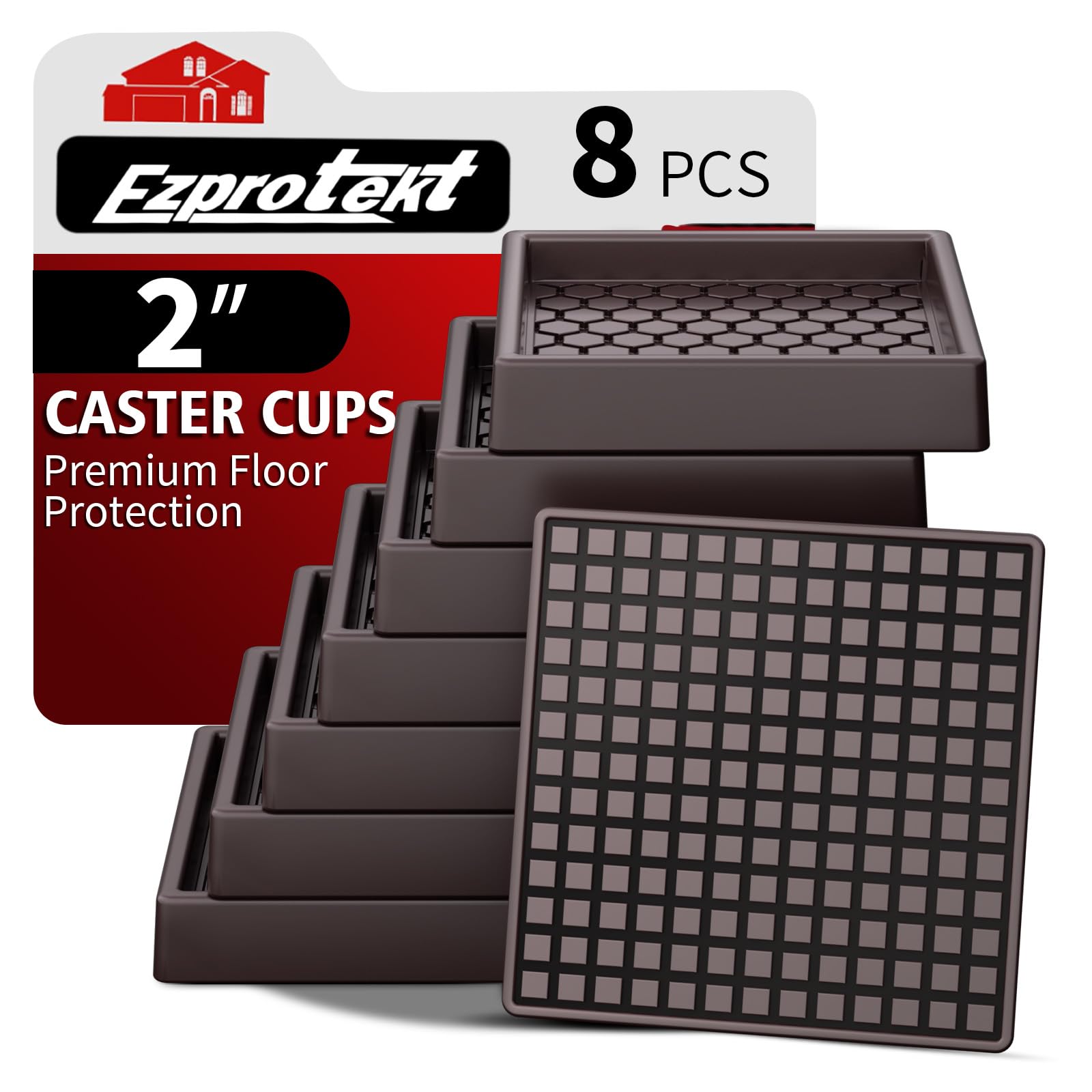 Furniture Coasters - 2"x2" Non Slip Furniture Pads for Hardwoods Floors, 8 PCS Square Rubber Non Skid Furniture Caster Cups, Anti Slide Furniture Feet Floor Protectors for Bed Couch Stoppers (Brown)