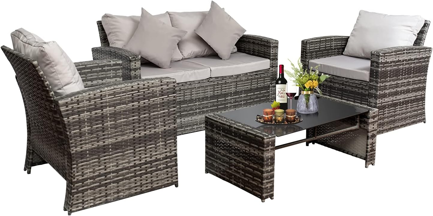 4 Pieces Outdoor Patio Furniture Sofa Cushioned Set All-Weather Wicker Rattan Loveseat and Chairs Table Conversation Sets, for Outdoor Indoor Backyard Porch Garden Poolside Balcony (Gray)