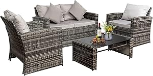 4 Pieces Outdoor Patio Furniture Sofa Cushioned Set All-Weather Wicker Rattan Loveseat and Chairs Table Conversation Sets, for Outdoor Indoor Backyard Porch Garden Poolside Balcony (Gray)
