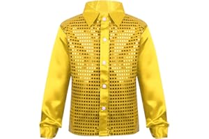 JEATHA Kids Boys Shiny Sequins Lapel Long Sleeve Shirt Hip Hop Jazz Latin Dance Stage Performance Costume
