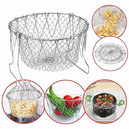 KDT Chef Basket Foldable Strainer Kitchen Tool, Silver