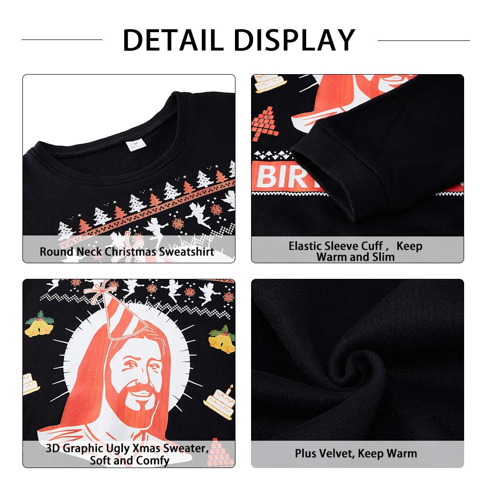 SKYRAINBOW Women Men Hilarious Ugly Christmas Sweater Loose Fit Xmas Sweatshirt 3D Printed Birthday Boy Pullover Long Sleeve Jumpers Couple Costume M,Black