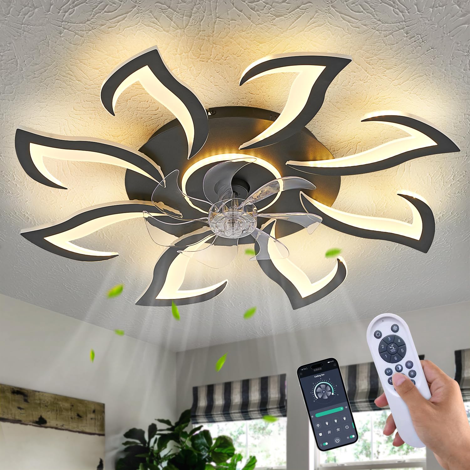 Photo 1 of Malnutcolor Modern Low Profile 36 Inch Black Flush Mount Ceiling Fan with 3 Light Color 6 Speeds, Fandelier for Living Room