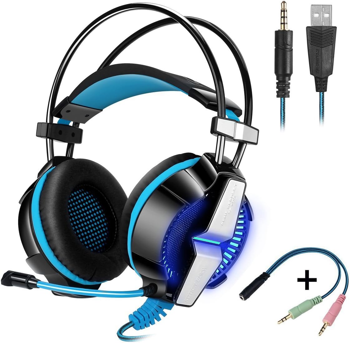 Zakitane KOTION EACH GS700 3.5mm LED Gaming Headset for PS4 / XBOX ONE S, Over-Ear Headphone Headband with Mic for PC Computer Game Apple iPhone iPad Samsung Tablet PlayStation 4 (Black & Blue)