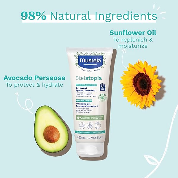 MUSTELA STELATOPIA ECZEMA-PRONE SKIN CLEANSING GEL – BABY FACE & BODY WASH WITH NATURAL AVOCADO & SUNFLOWER OIL – FRAGRANCE-FREE & TEAR FREE – 6.76 FL. OZ.