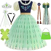 HHYTOKKI Princess Costume Snow Party Set, Green Halloween Dress Puff Sleeves, Tiara Wand Gloves Braid Bag Bowknot Girl Kid