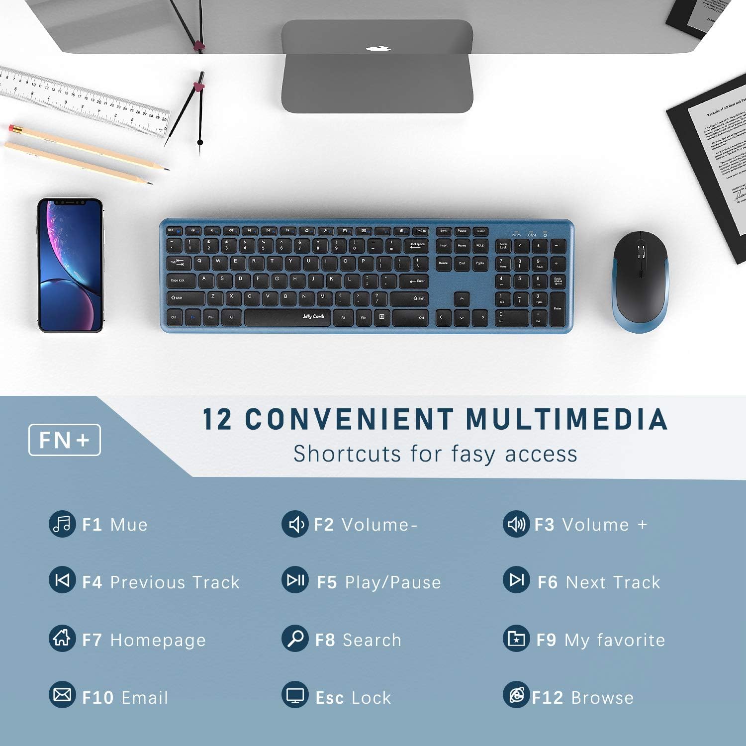Wireless Keyboard and Mouse, Jelly Comb 2.4GHz Ultra Thin Full Size Wireless Keyboard Mouse Combo Set with Number Pad for Computer, Laptop, PC, Desktop, Notebook, Windows 7, 8, 10 (Sapphire Blue): Computers & Accessories