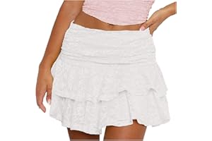 Women Y2k Lace Ruffle Pleated Mini Skirt Low Rise Half Slip Flowy Skirt Fairy Mesh Floral Layered Mini Short