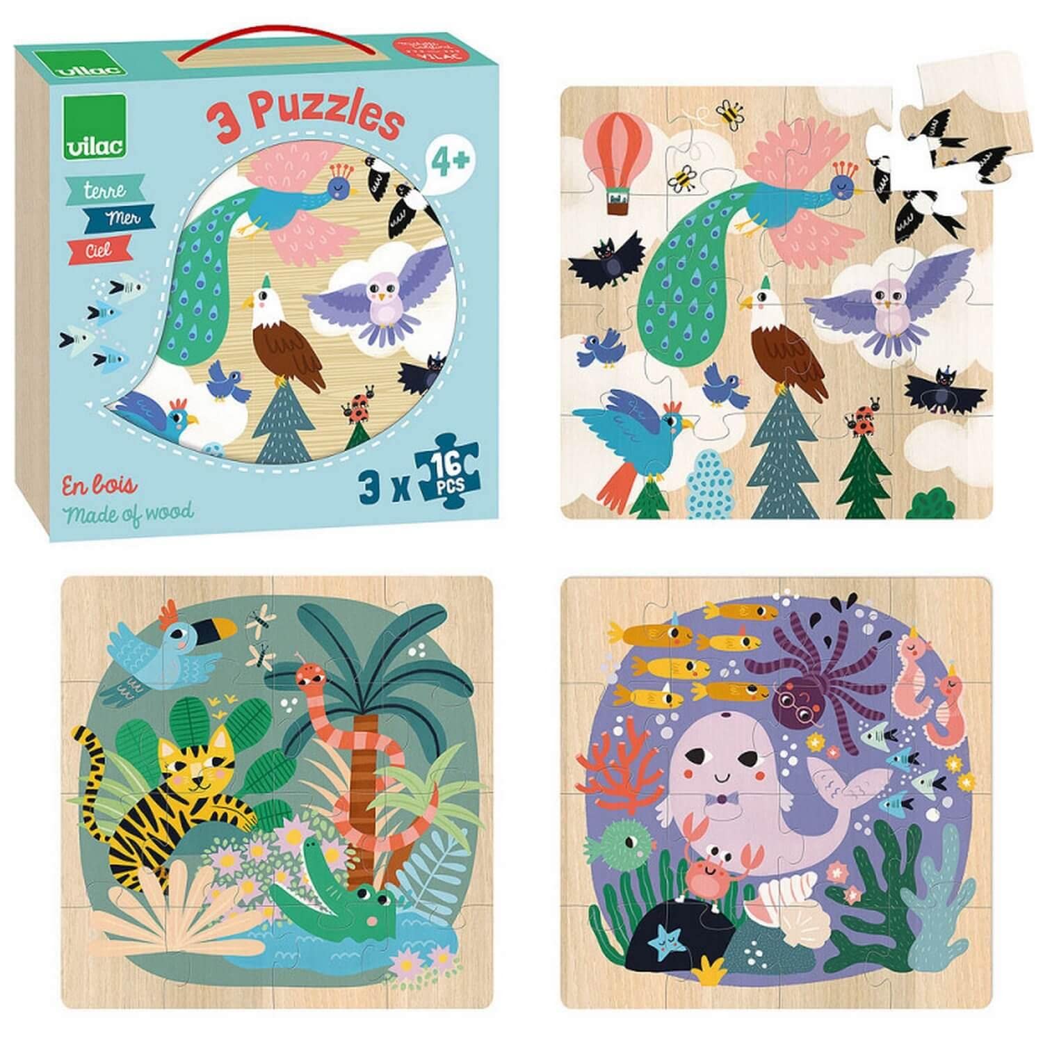 Vilac 3 Wooden Animal Jigsaw Puzzles, 4 Years+, 16-Pieces each - Sea, Earth, Sky