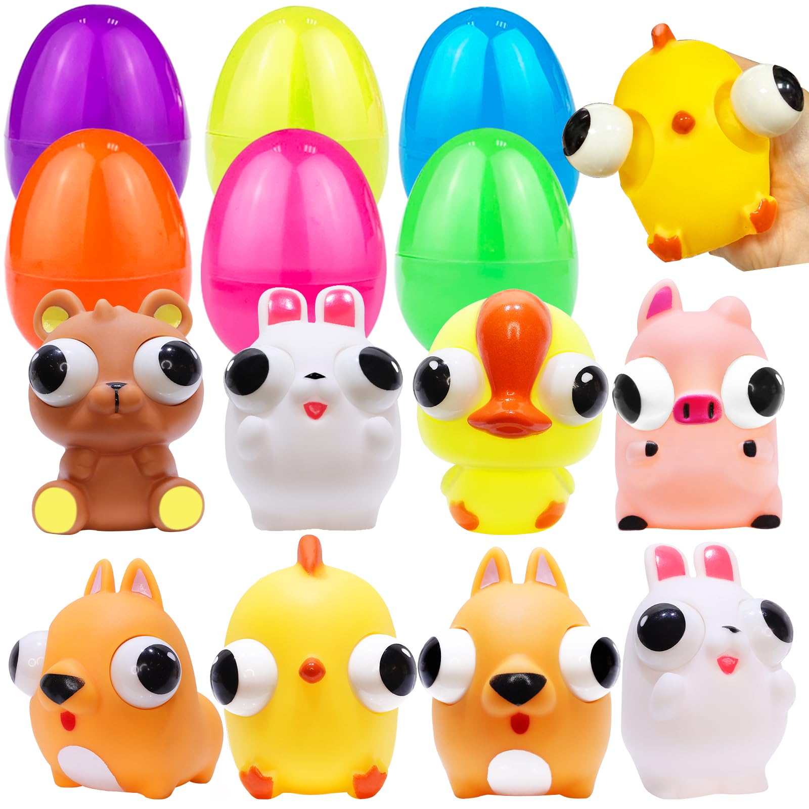 6 Pack 3.8" Large Easter Eggs Filled,Squeeze Animals with Popping Eyes Bunny & Chick Easter Basket Stuffers Sensory Fidget Toys for Toddler Kids, Easter Eggs Hunt Party Favors Gifts Classroom Prizes