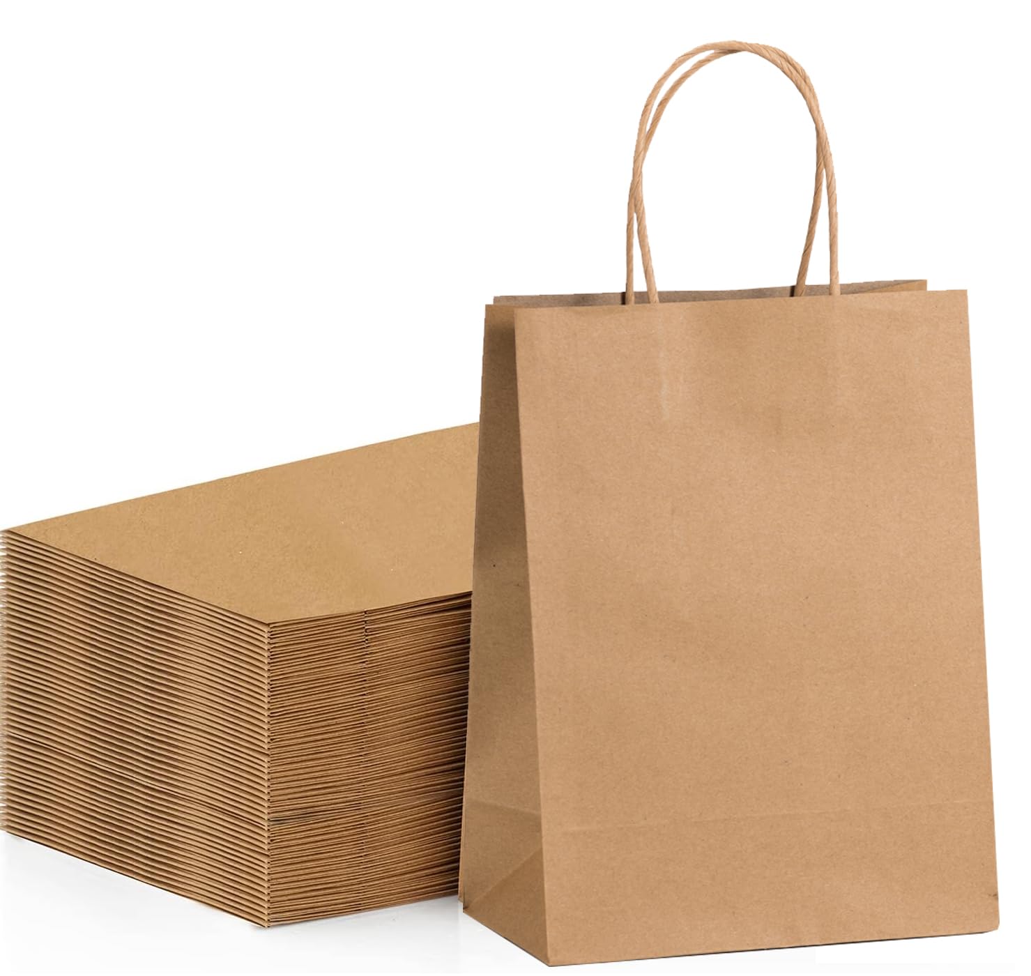 Photo 1 of FACEBAG 100-Pack Brown Paper Bags with Handles, 8x4.25x10.5 Inch Kraft Gift Bags, Applicable to Birthday, Retail, Party, Shopping, Festival, Reusable & Durable
