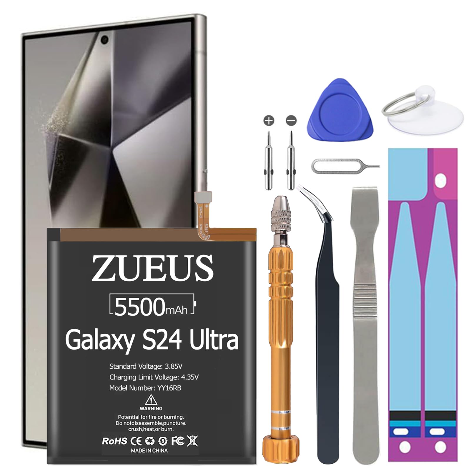 ZUEUS Galaxy S24 Ultra Battery, (2024 Upgraded) 5500mAh EB-BS928ABY Li-Polymer Battery Replacement Compatible with Galaxy S24 Ultra 5G SM-S928 with Screwdriver Tool Kit