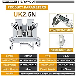 Erayco UK2.5B-GR DIN Rail Terminal Block, Screw