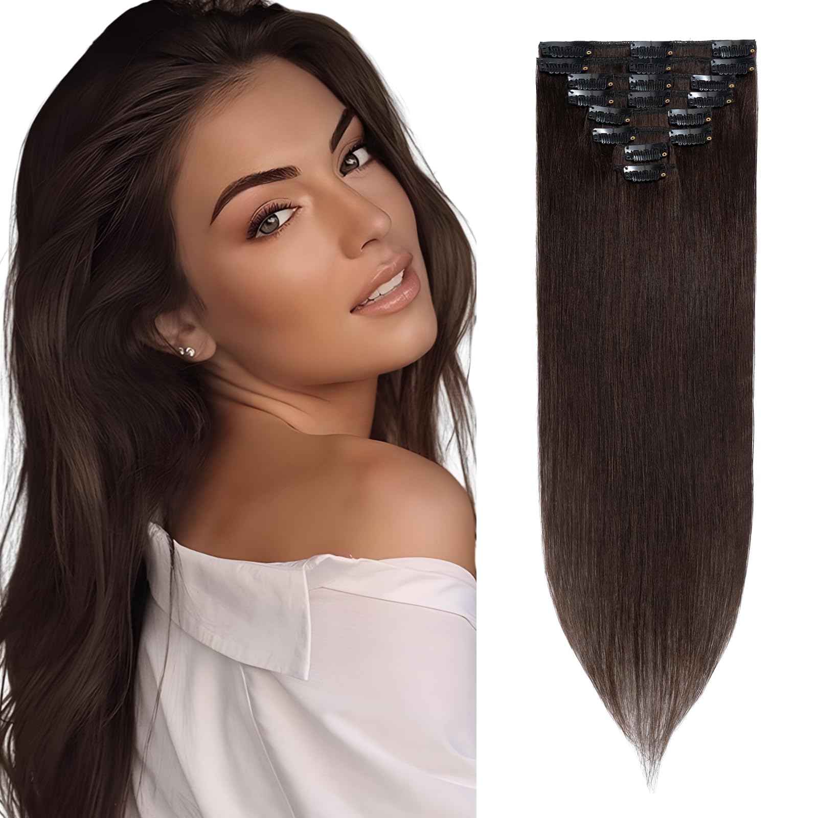 Elailite Clip in Hair Extension Real Human Hair - 100% Remy Natural Hair Extension - 8 Pcs Thin Thickness (#02 Dark Brown, 16 inch-65g)