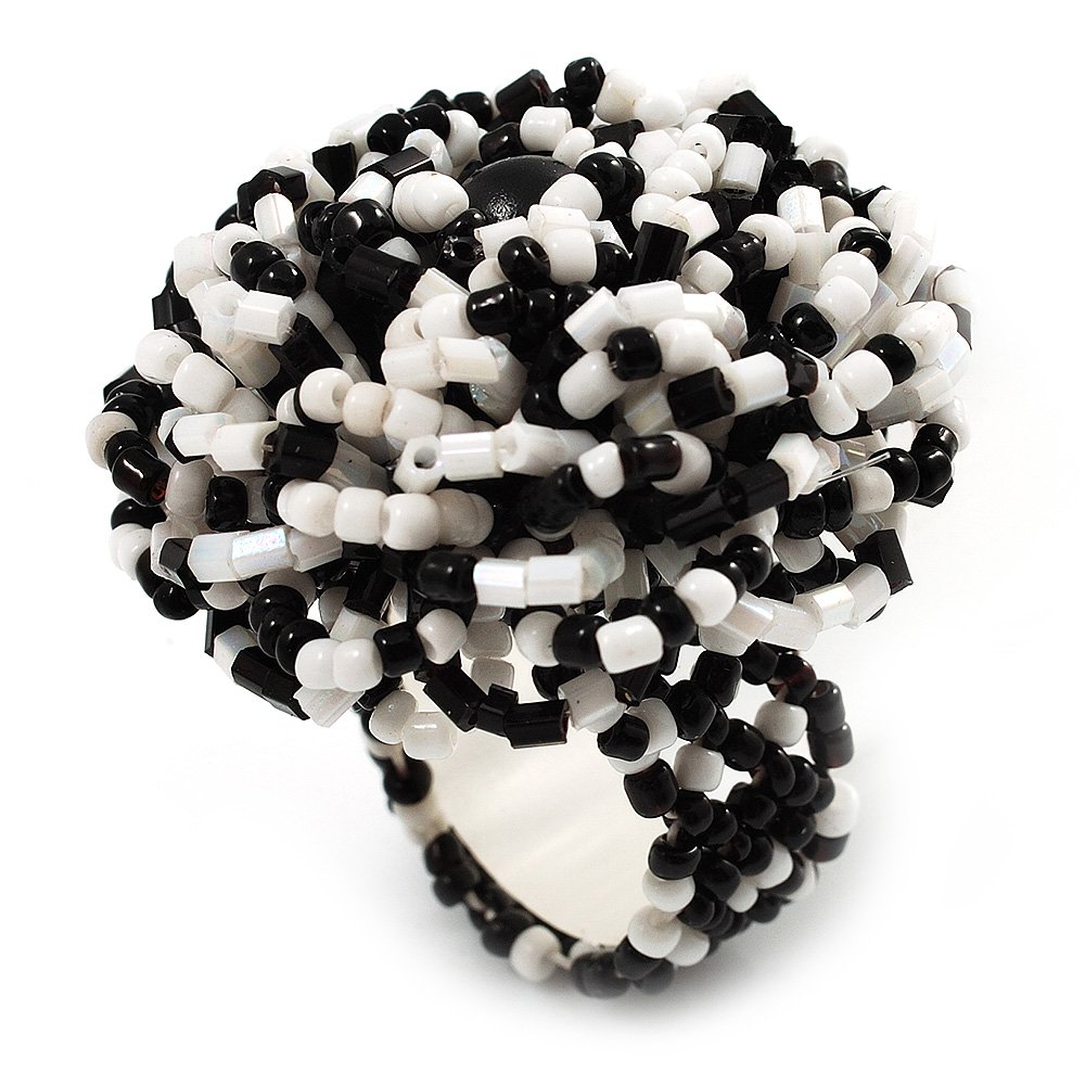 Avalaya 40mm D/White/Black Glass Bead Flower Stretch Ring