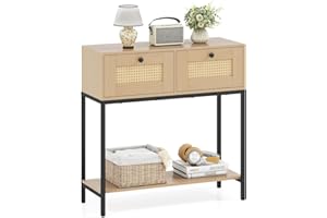 COSTWAY Rattan Console Table, Boho Narrow Sofa Table with 2 Storage Drawers and Open Shelf, 3-Tier Entryway Table with Sturdy