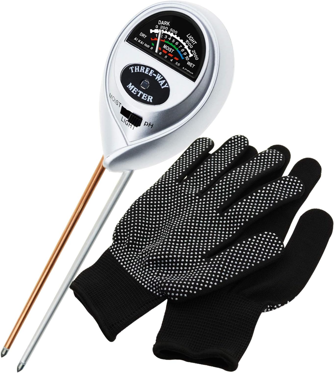 3-in-1 Soil pH Moisture Light Meter Tester Probe Sensor, Gardening Plants Growth Watering Quality Monitoring Acidity Test Tool Kits for Garden Farm Lawn Household (Silver PH/Moisture Meter + Gloves)
