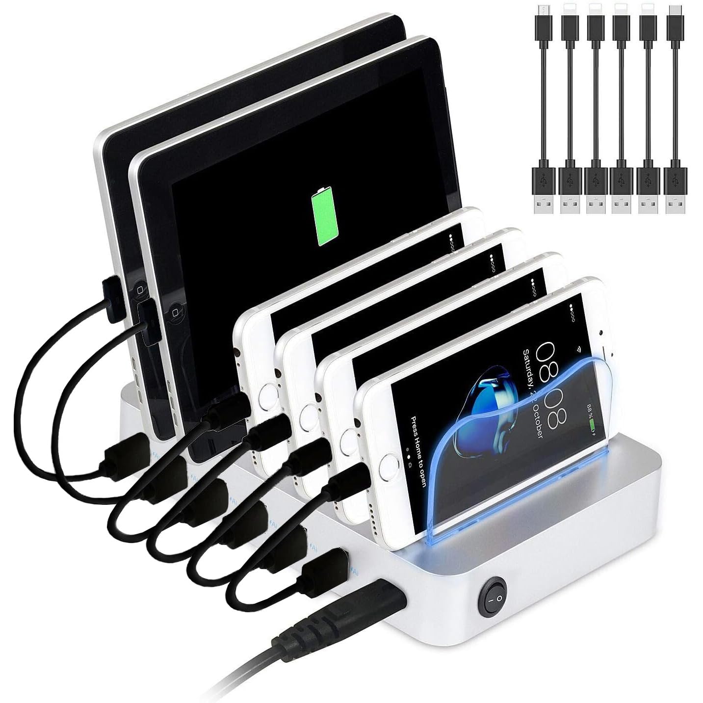 PRITEK Charging Station Dock & Organizer Compatible with Cellphone Tablet & Other Gadget 6-Port USB Charger Station & Docking Station with Charging Status Indicator include 6pcs cable (Silver)