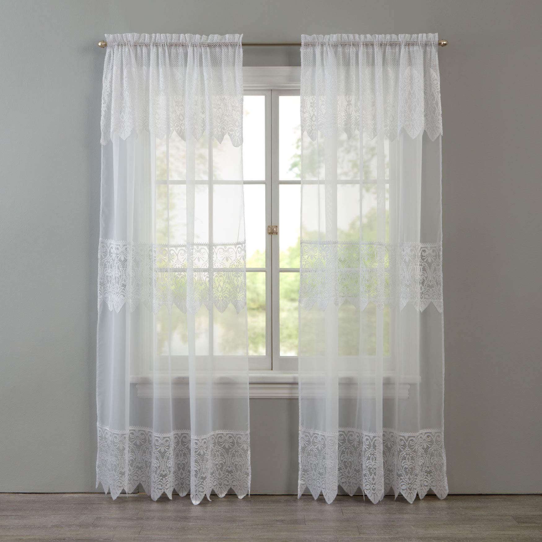 BrylaneHome Valerie Sheer Lace Rod-Pocket Panel with Attached Valance - 52I W 84I L, White