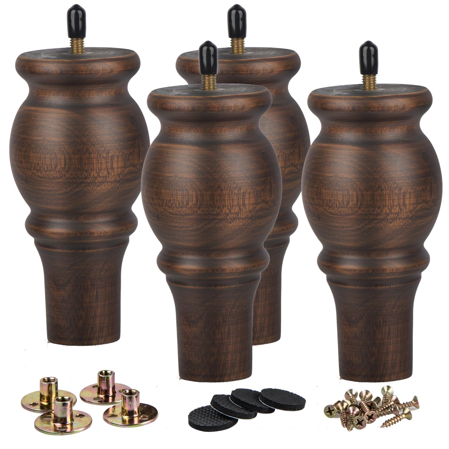 La Vane 5 inch Wooden Furniture Legs, 4PCS Soild Wood Turned Spindle Replacement Bun Feet with Pre-Drilled M8 Inch Bolt & Mounting Plate for Couch Sofa Cabinet Ottoman