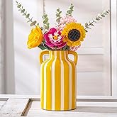 Yellow and White Ceramic Vase with Handles, Stripes Floral Vase for Home Decor, Flowers Kitchen Bookshelf Mantle, Living Room Coastal Decor, Rustic Table Centerpiece, Cottage Core Decor 9.1 in