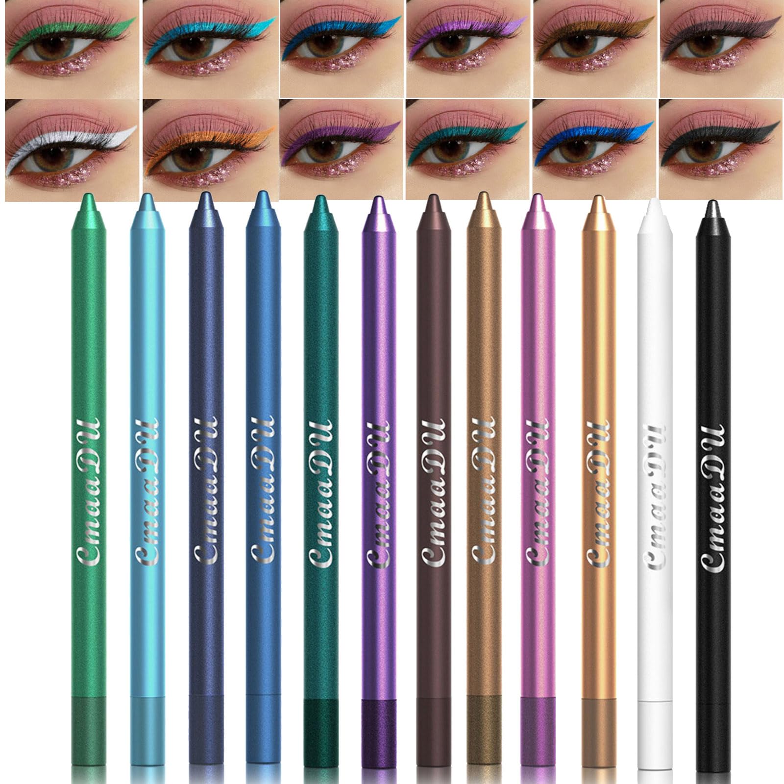 RoseFlower 12 Colors Colored Eye Liner kit, Colorful Eyeliner Set, Rainbow Eye Liner Eyeshadow Pencil with Green Blue Burgundy Black White Eye Liners Pigmented Waterproof Long Lasting Fun Makeup Gift