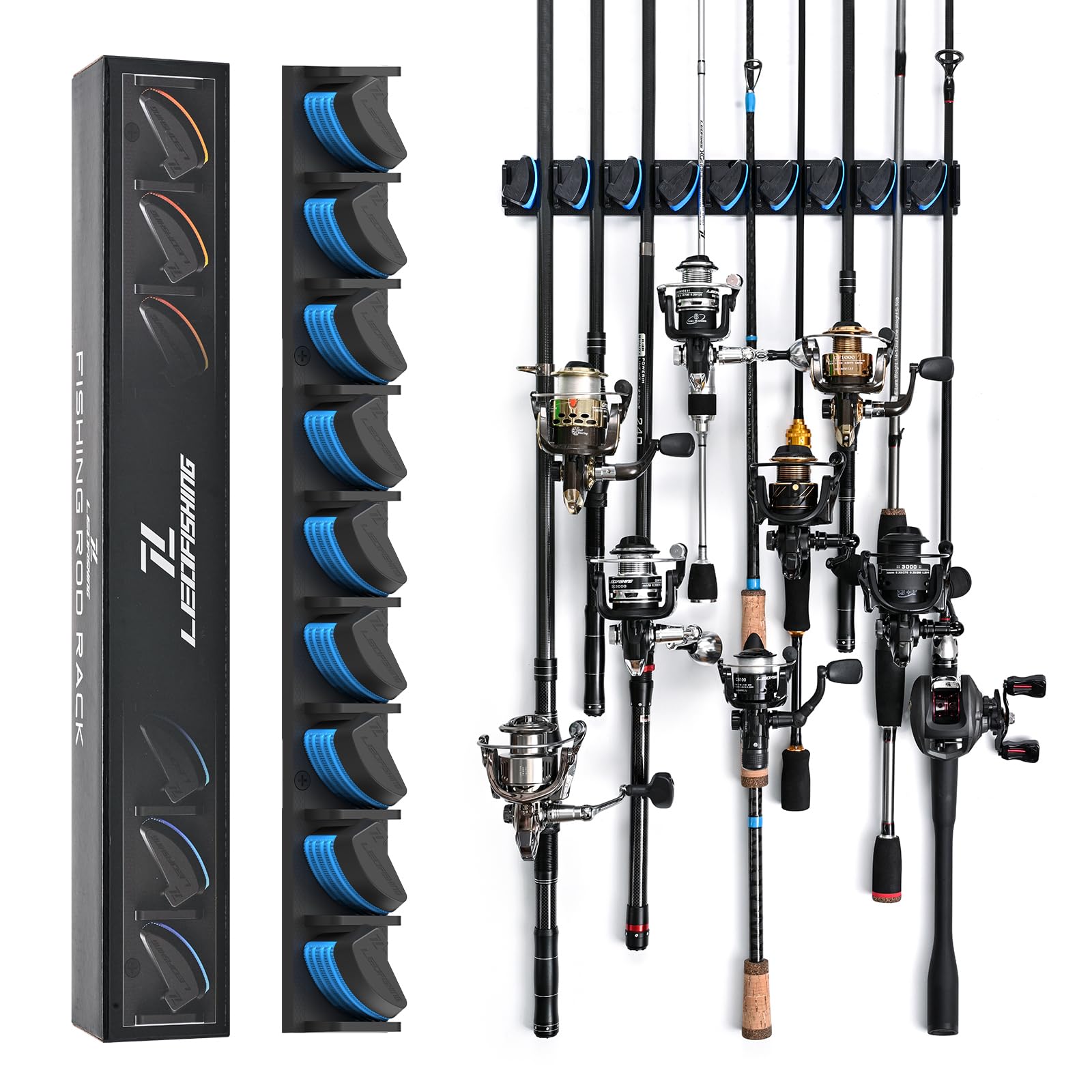 LEOFISHING Vertical Horizontal Fishing Rod Holder Wall Mounted Fishing Rod Rack Holds Up to 9 Rods or Combos Fishing Rod Pole Holders for Garage Ceiling Mounted Fits Most Rods (Blue-1 Pack)