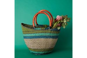 AFRICA IN A BASKET Blue Green Picnic Basket, Kitchen & Dining Storage, Reusable Grocery Bag, Countertop Fruits Holder, Farmers Market, Beach, Harvesting, Foraging, Decorative, Wicker, Woven, Boho Style