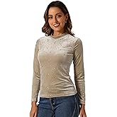 Allegra K Christmas Velvet Blouse for Women's Metallic Star Slim Long Sleeve Top