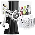 REDPANT Rotary Cheese Grater with Handle, Kitchen Mandoline Vegetable Slicer with 3 Interchangeable Blades & Strong Suction Base, Easy to Clean Grater for Vegetables, Fruit, Nuts, Black