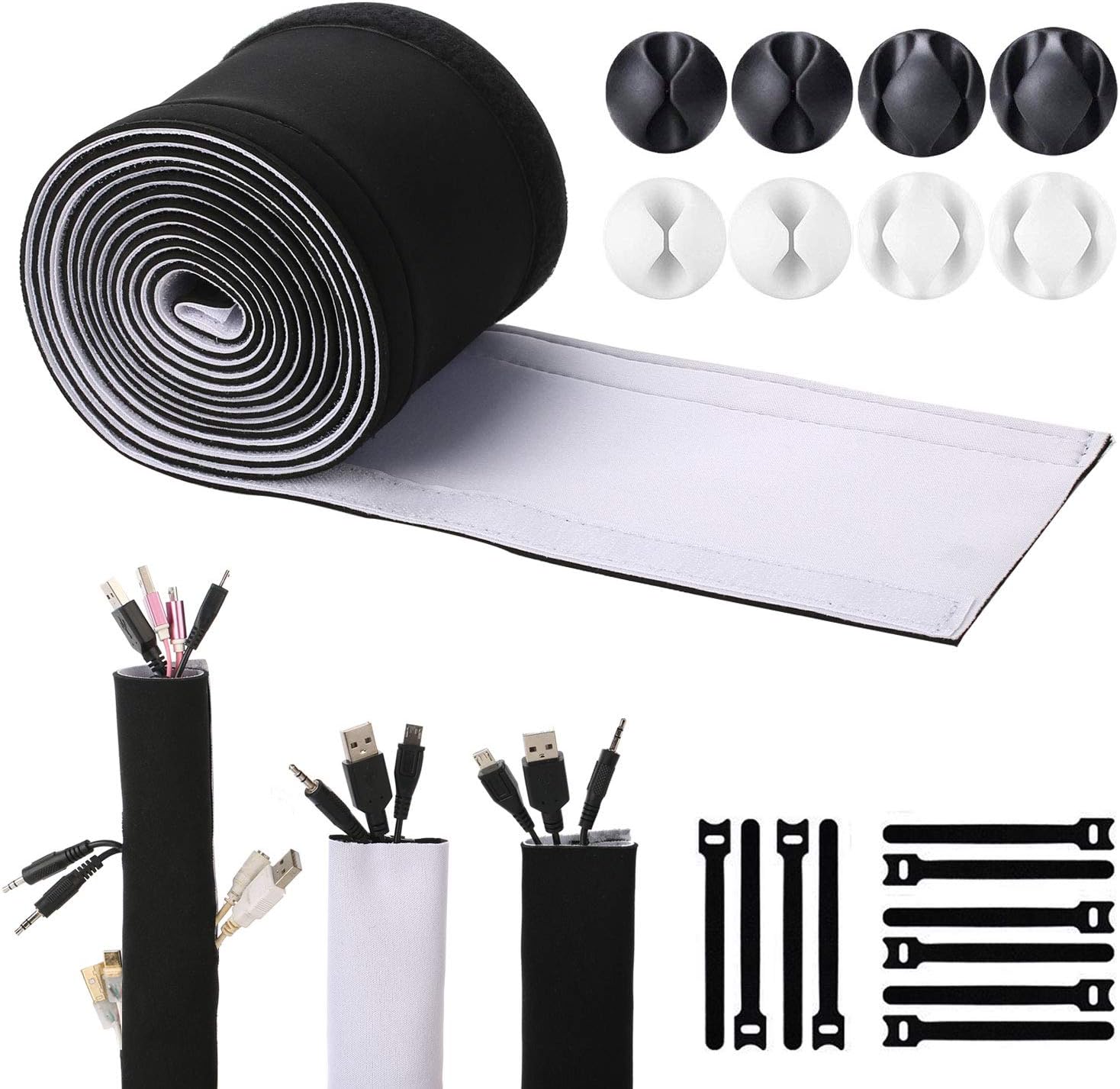 Cable Management Sleeves with Free Cable Clips and Ties(118 inch), ENVEL Neoprene Cord Organizer Hider with Nylon for TV USB PC Computer Network Wires, Adjustable Black White (118in+10 Ties+8 Clips)