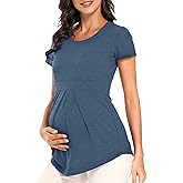 Glampunch Women's Maternity Tops Short & 3/4 Sleeve Round Neck Front Pleat Peplum Tunic Top Pregnancy Shirts