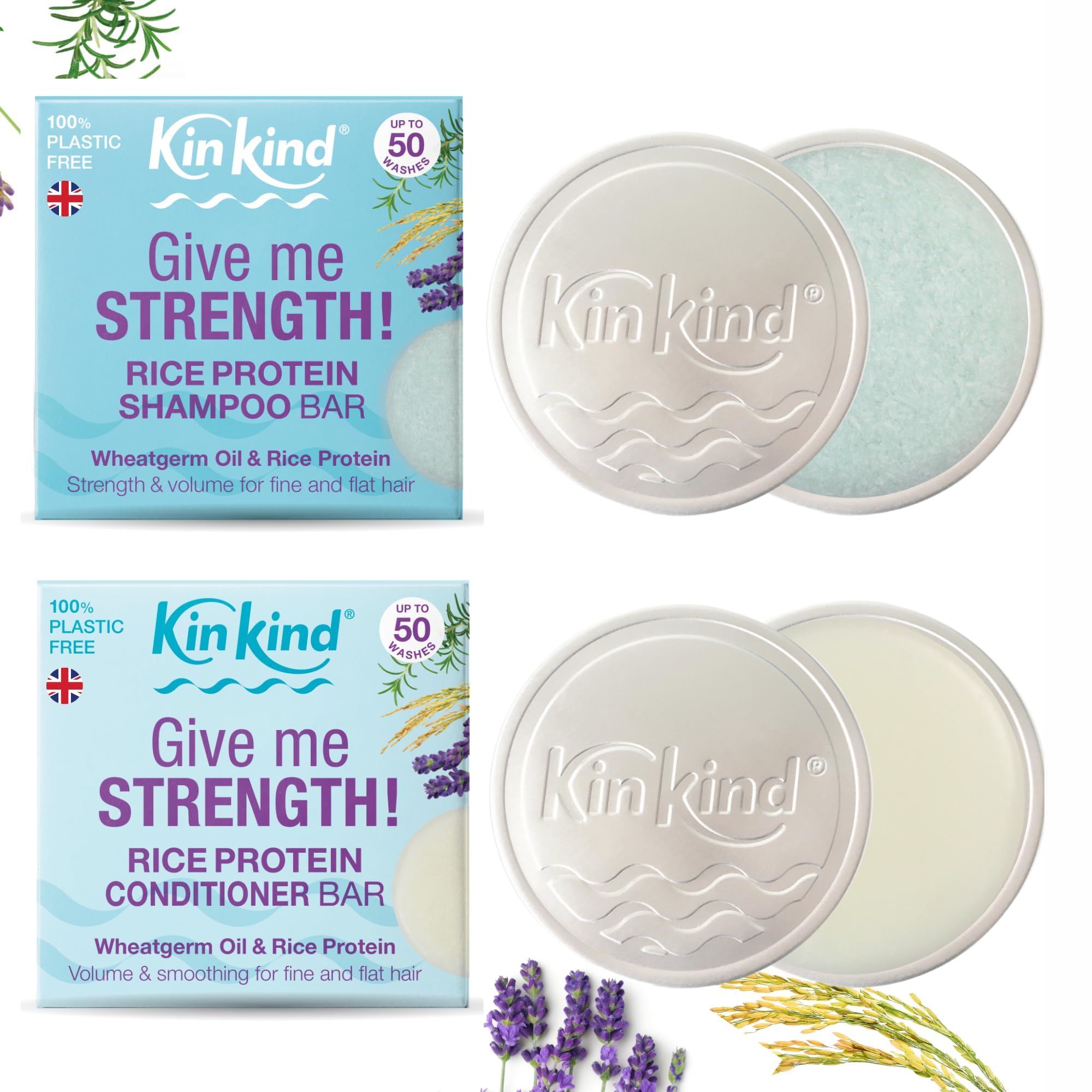 KinKind Travel Rice Water Shampoo and Conditioner Bar Set for Hair Growth. Up to 50 washes. Give me STRENGTH! Rice Solid Shampoo Bar and Conditioner Bars for hair UK Made with 2 soap shampoo bar tins — image 1