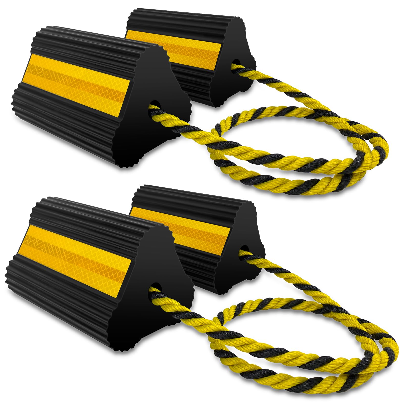 Photo 1 of HOXWELL Wheel Chocks (2pair/4pack with Rope) for RV Trailer Camper Truck Car Aircraft, Versatile Heavy Duty Rubber Wheel Chocks Block with 3 Reflective Strips, Tire Wheel Immobilizers & Chocks