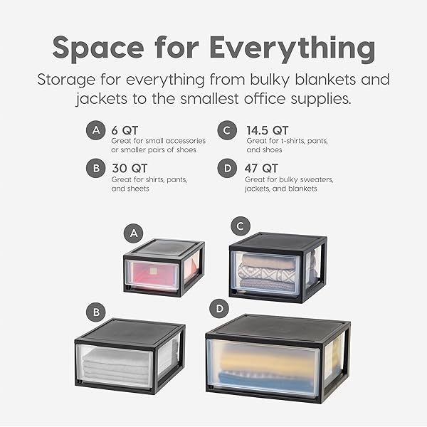 IRIS USA 6 QT. PLASTIC DRAWER STORAGE ORGANIZER STACKING DRAWERS, 8-PACK, STACKABLE UNIT WITH SLIDING DRAWER FOR CLOTHES BEDROOM KITCHEN UNDER SINK PANTRY CRAFT ROOM BATHROOM DORM OFFICE, BLACK
