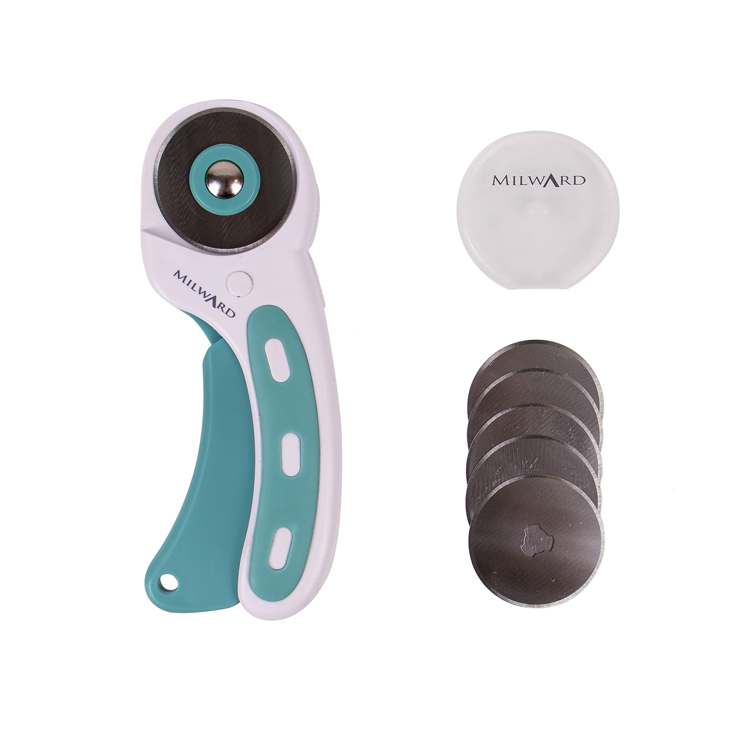 Milward 45mm Rotary Cutter for Fabric - Fabric Cutter Wheel w/ 5 Spare Blades, Ergonomic Handle with Safety Lock, Left & Right-Handed Cutting Wheel for Dressmaking, Leather, Craft, Sewing - Turquoise